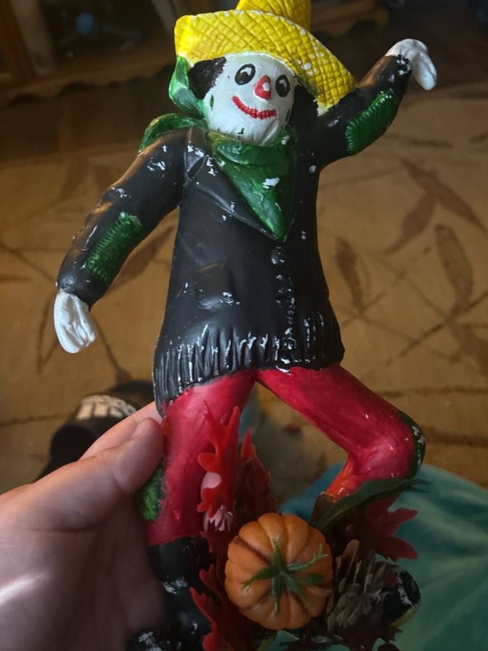 Hand-Painted Harvest Scarecrow Figurine - Yellow Hat, Black Coat, Red Pants